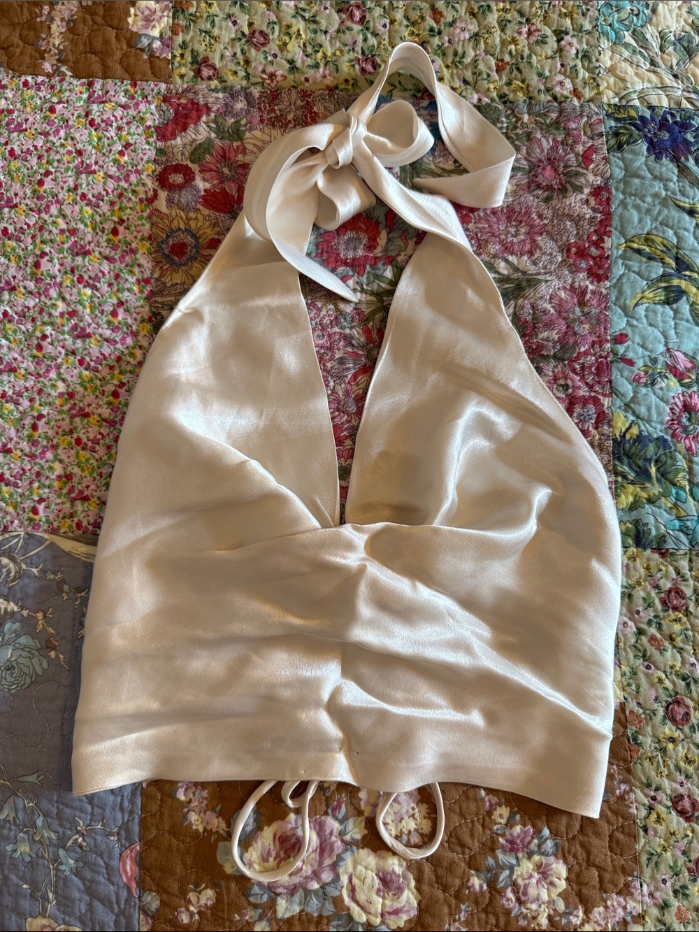 Vrg Grl Silky Satin Halter Crop Top Ivory